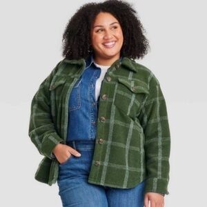 Women's Front Button-Down Shacket - Ava & Viv Green Plaid 1X